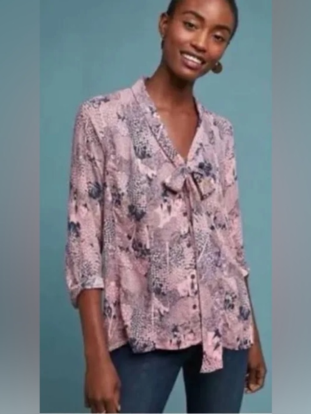 Anthropologie 19 of 52 Conversations Colloquial Neck Tie Blouse Pink Navy Sz 14